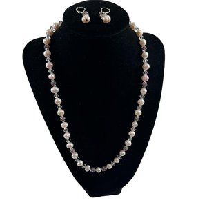 Necklace Earrings Set Faux Pearl Pink Rhinestones Clear Beads Magnetic Clasp